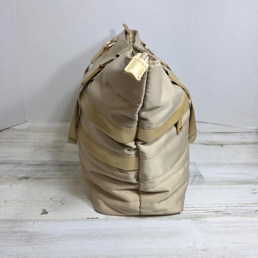 Chicos Large Tote Bag Champagne Gold Nylon Vegan Leather Weekender Travel Purse